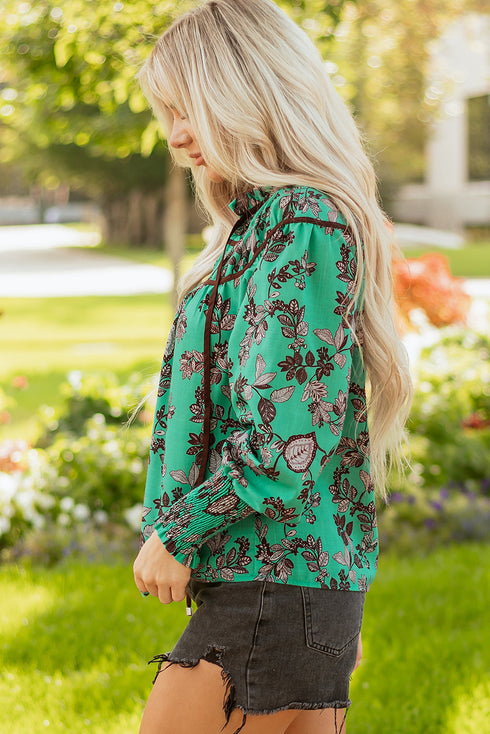 Leaves Print Contrast Trim V Neck Puff Sleeve Blouse