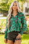 Leaves Print Contrast Trim V Neck Puff Sleeve Blouse