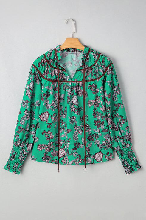 Leaves Print Contrast Trim V Neck Puff Sleeve Blouse