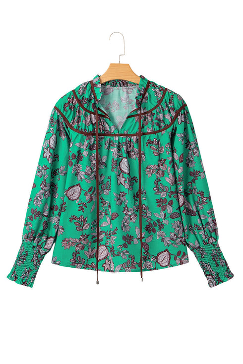 Leaves Print Contrast Trim V Neck Puff Sleeve Blouse