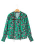 Leaves Print Contrast Trim V Neck Puff Sleeve Blouse