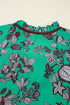Leaves Print Contrast Trim V Neck Puff Sleeve Blouse