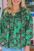 Leaves Print Contrast Trim V Neck Puff Sleeve Blouse