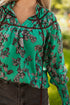 Leaves Print Contrast Trim V Neck Puff Sleeve Blouse