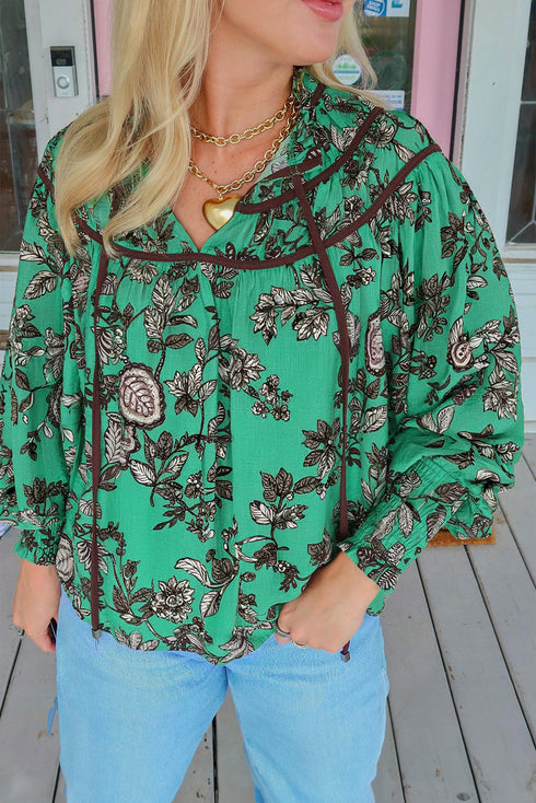 Leaves Print Contrast Trim V Neck Puff Sleeve Blouse
