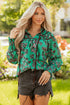Leaves Print Contrast Trim V Neck Puff Sleeve Blouse