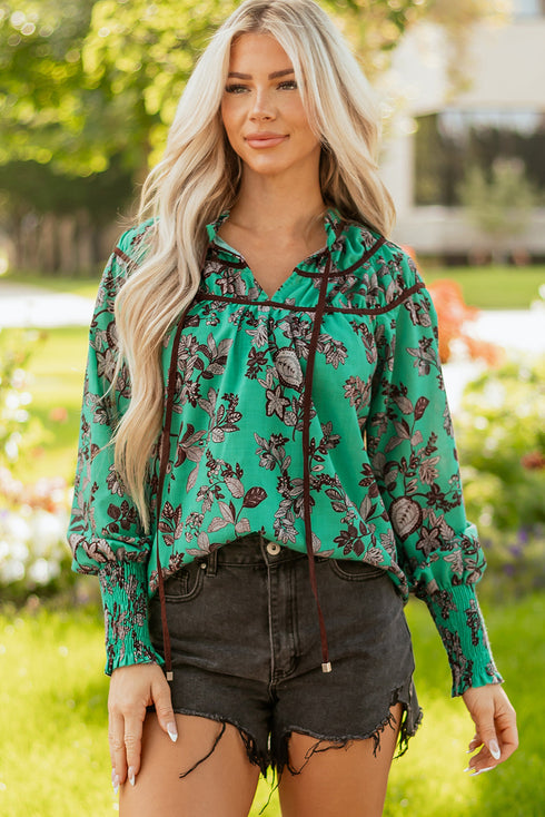 Leaves Print Contrast Trim V Neck Puff Sleeve Blouse