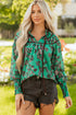 Leaves Print Contrast Trim V Neck Puff Sleeve Blouse