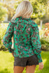 Leaves Print Contrast Trim V Neck Puff Sleeve Blouse