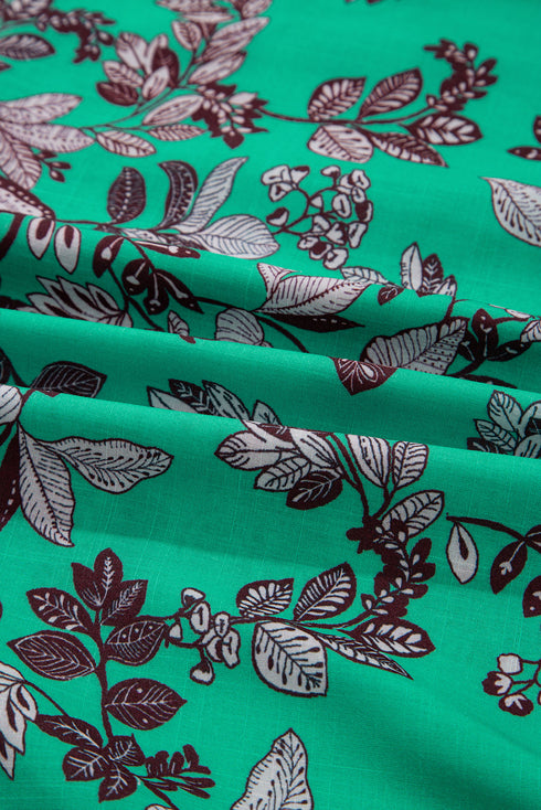 Leaves Print Contrast Trim V Neck Puff Sleeve Blouse