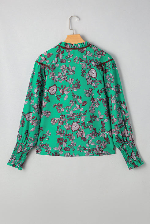 Leaves Print Contrast Trim V Neck Puff Sleeve Blouse