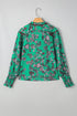 Leaves Print Contrast Trim V Neck Puff Sleeve Blouse