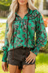 Leaves Print Contrast Trim V Neck Puff Sleeve Blouse