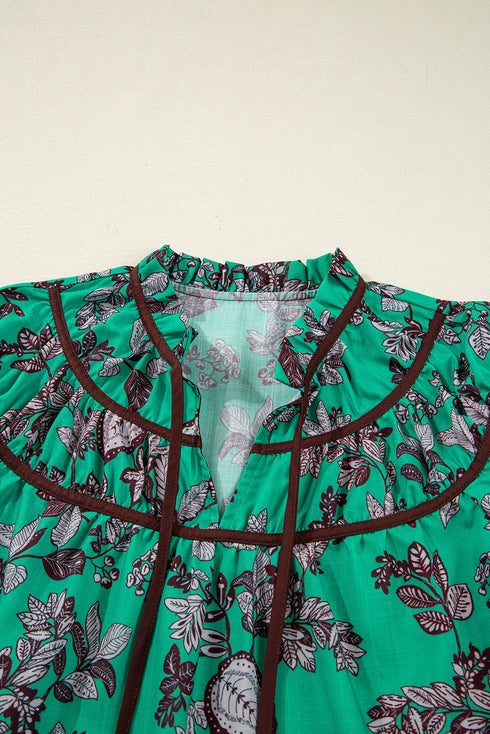 Leaves Print Contrast Trim V Neck Puff Sleeve Blouse