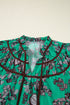 Leaves Print Contrast Trim V Neck Puff Sleeve Blouse