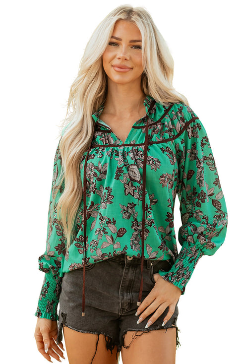 Leaves Print Contrast Trim V Neck Puff Sleeve Blouse