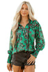 Leaves Print Contrast Trim V Neck Puff Sleeve Blouse