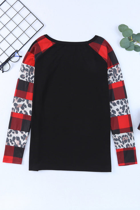 Leopard And Plaid Print Off Shoulder Long Sleeve Top