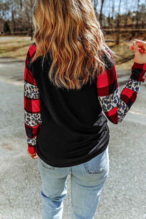 Leopard And Plaid Print Off Shoulder Long Sleeve Top