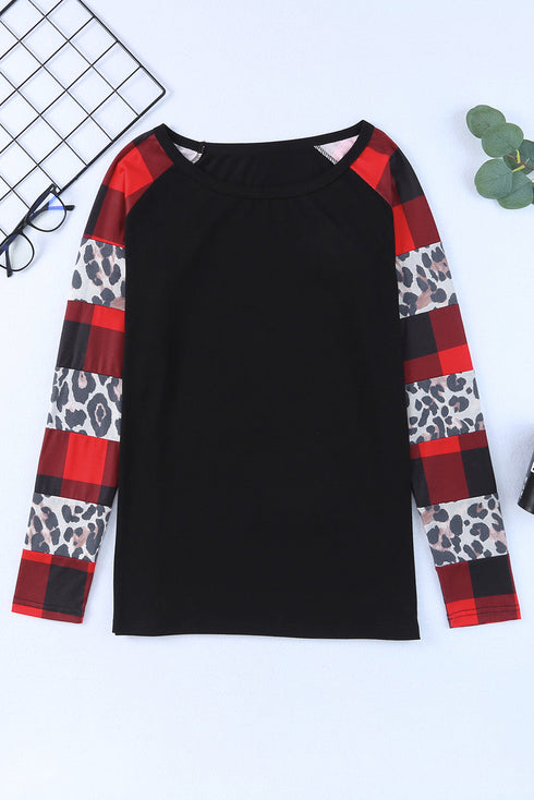 Leopard And Plaid Print Off Shoulder Long Sleeve Top
