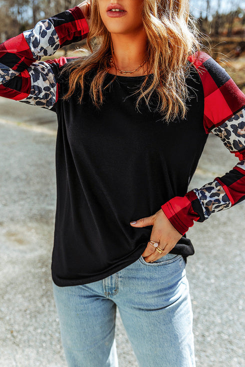 Leopard And Plaid Print Off Shoulder Long Sleeve Top