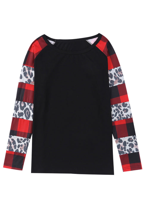 Leopard And Plaid Print Off Shoulder Long Sleeve Top