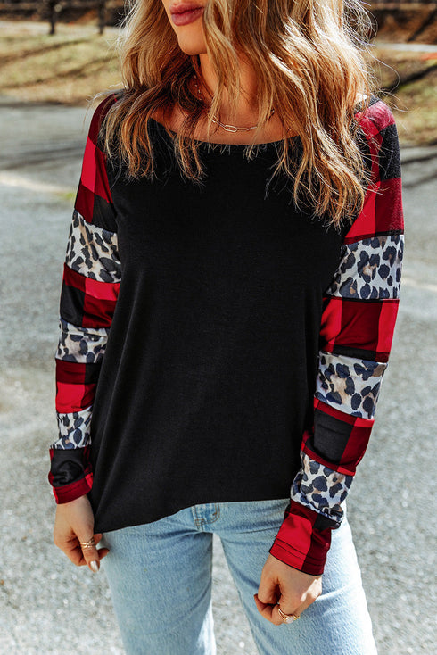 Leopard And Plaid Print Off Shoulder Long Sleeve Top