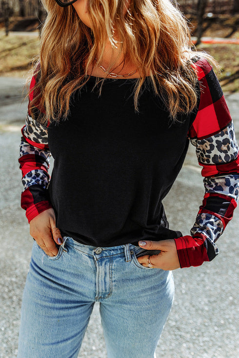 Leopard And Plaid Print Off Shoulder Long Sleeve Top