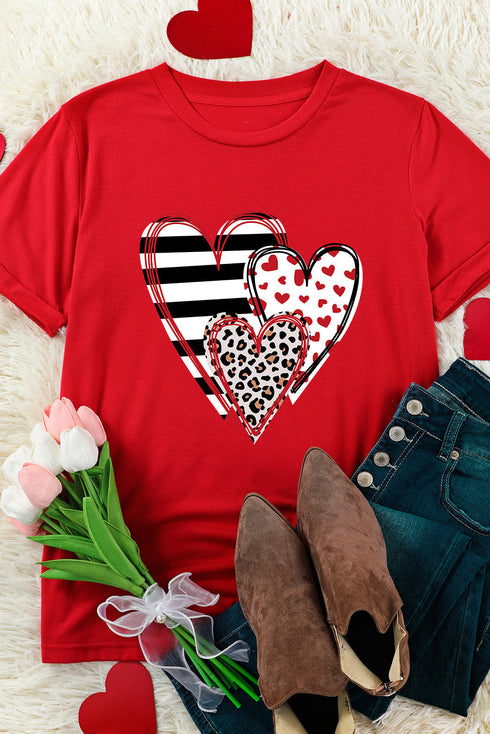 Leopard And Stripe Heart Graphic Crew Neck Tee