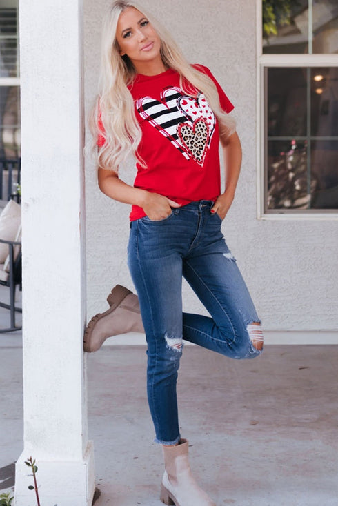 Leopard And Stripe Heart Graphic Crew Neck Tee