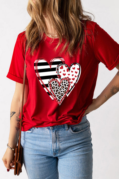 Leopard And Stripe Heart Graphic Crew Neck Tee