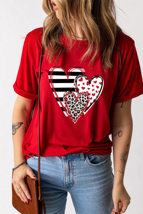 Leopard And Stripe Heart Graphic Crew Neck Tee