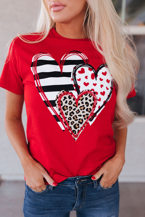 Leopard And Stripe Heart Graphic Crew Neck Tee