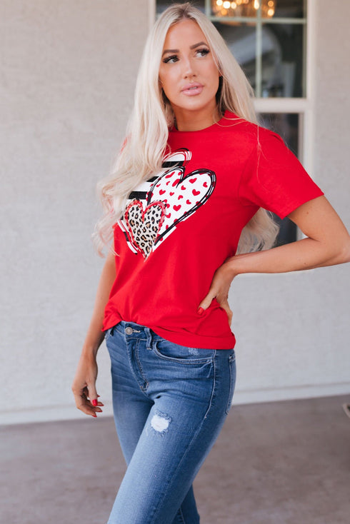 Leopard And Stripe Heart Graphic Crew Neck Tee