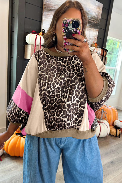 Leopard And Stripe Patchwork Pocketed Three Quarter Sleeve Top