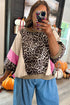 Leopard And Stripe Patchwork Pocketed Three Quarter Sleeve Top