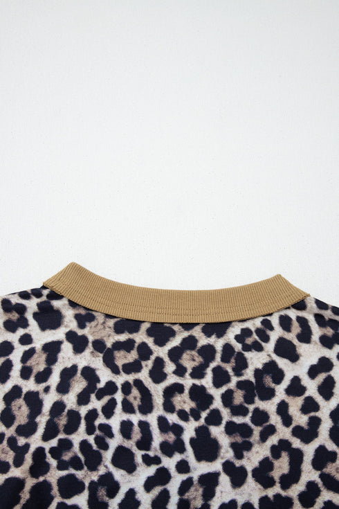 Leopard And Stripe Patchwork Pocketed Three Quarter Sleeve Top
