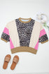 Leopard And Stripe Patchwork Pocketed Three Quarter Sleeve Top