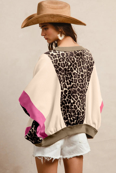 Leopard And Stripe Patchwork Pocketed Three Quarter Sleeve Top