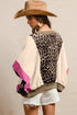 Leopard And Stripe Patchwork Pocketed Three Quarter Sleeve Top