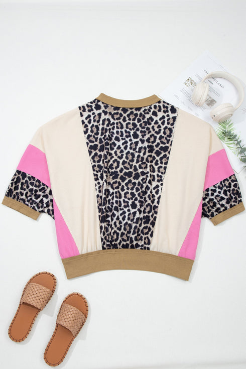 Leopard And Stripe Patchwork Pocketed Three Quarter Sleeve Top