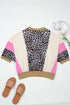 Leopard And Stripe Patchwork Pocketed Three Quarter Sleeve Top