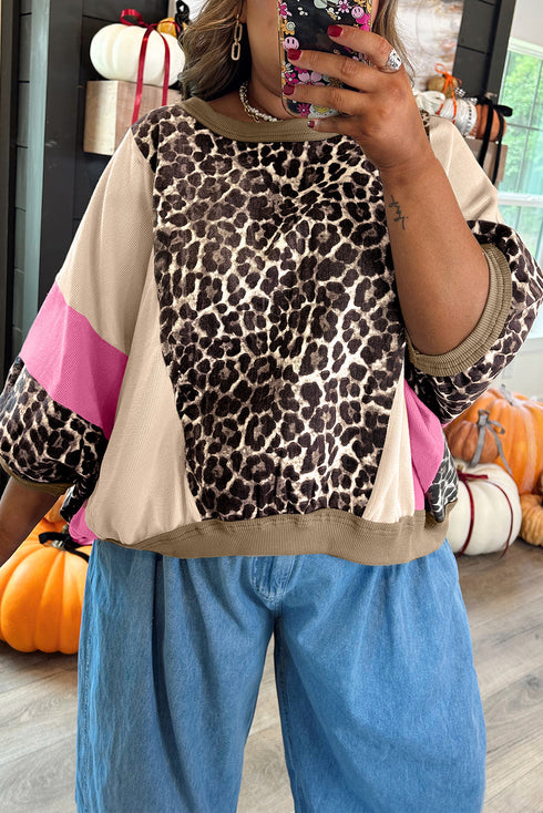 Leopard And Stripe Patchwork Pocketed Three Quarter Sleeve Top