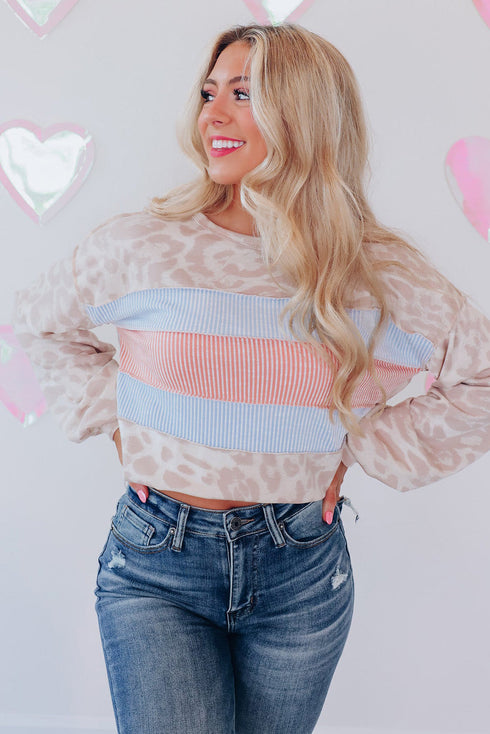 Leopard And Stripe Patchwork Puff Sleeve Knit Top