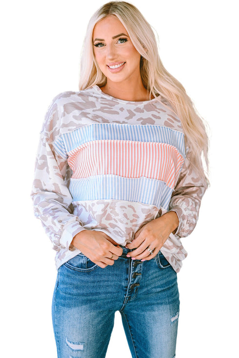 Leopard And Stripe Patchwork Puff Sleeve Knit Top