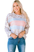 Leopard And Stripe Patchwork Puff Sleeve Knit Top