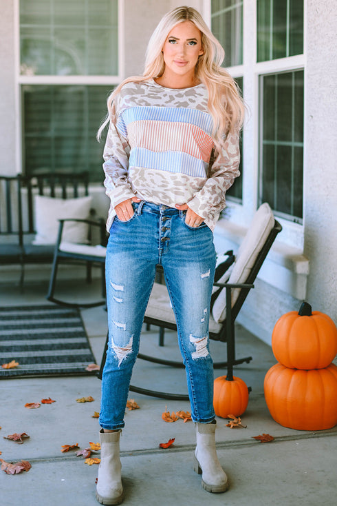 Leopard And Stripe Patchwork Puff Sleeve Knit Top