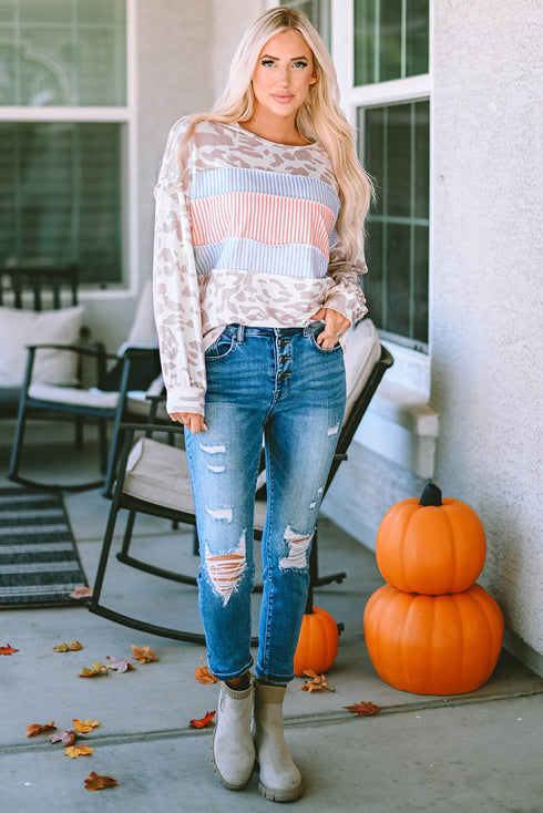 Leopard And Stripe Patchwork Puff Sleeve Knit Top