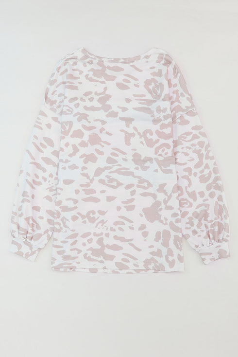 Leopard And Stripe Patchwork Puff Sleeve Knit Top