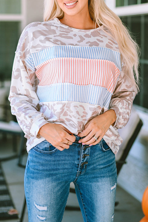 Leopard And Stripe Patchwork Puff Sleeve Knit Top